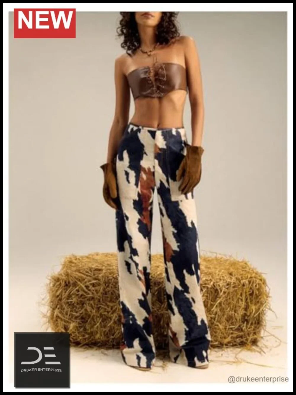 Western Cow Print Wide Leg Denim Pants Y2K Casual